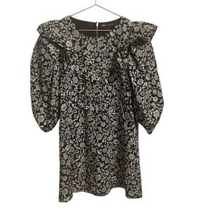 Zara Womens Floral Ruffled Puff Sleeve Mini Dress Black Tan Large 3063/694